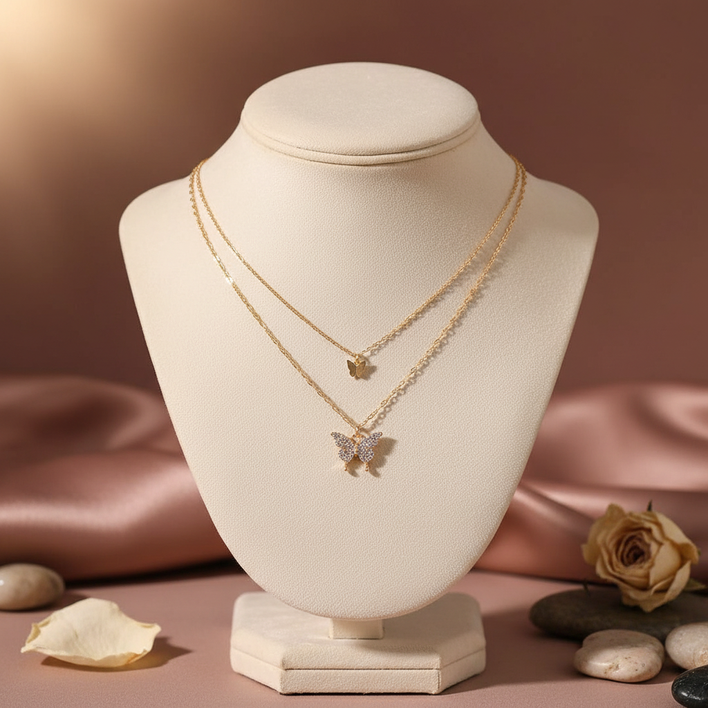 Gold Double Layer Butterfly Necklace